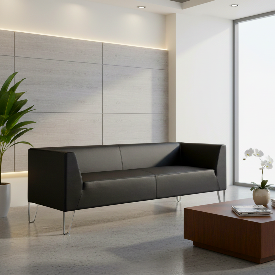 Modern black sofa in a stylish room with a plant and coffee table.