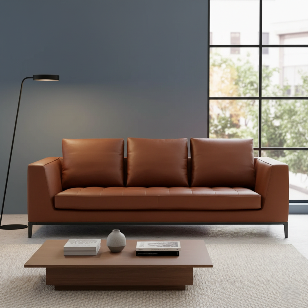 Brown leather sofa in a modern living room with a coffee table and lamp.