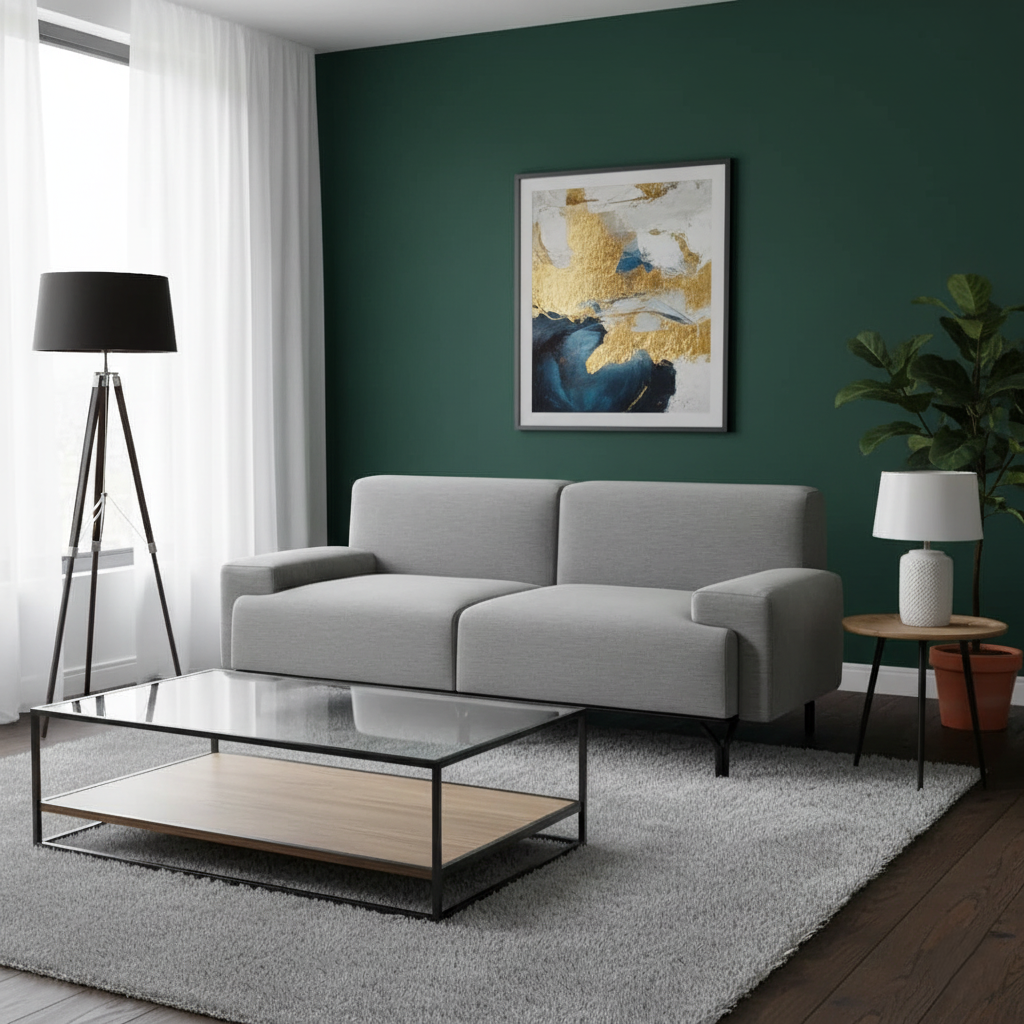 Modern living room with gray sofa, coffee table, and decorative elements.