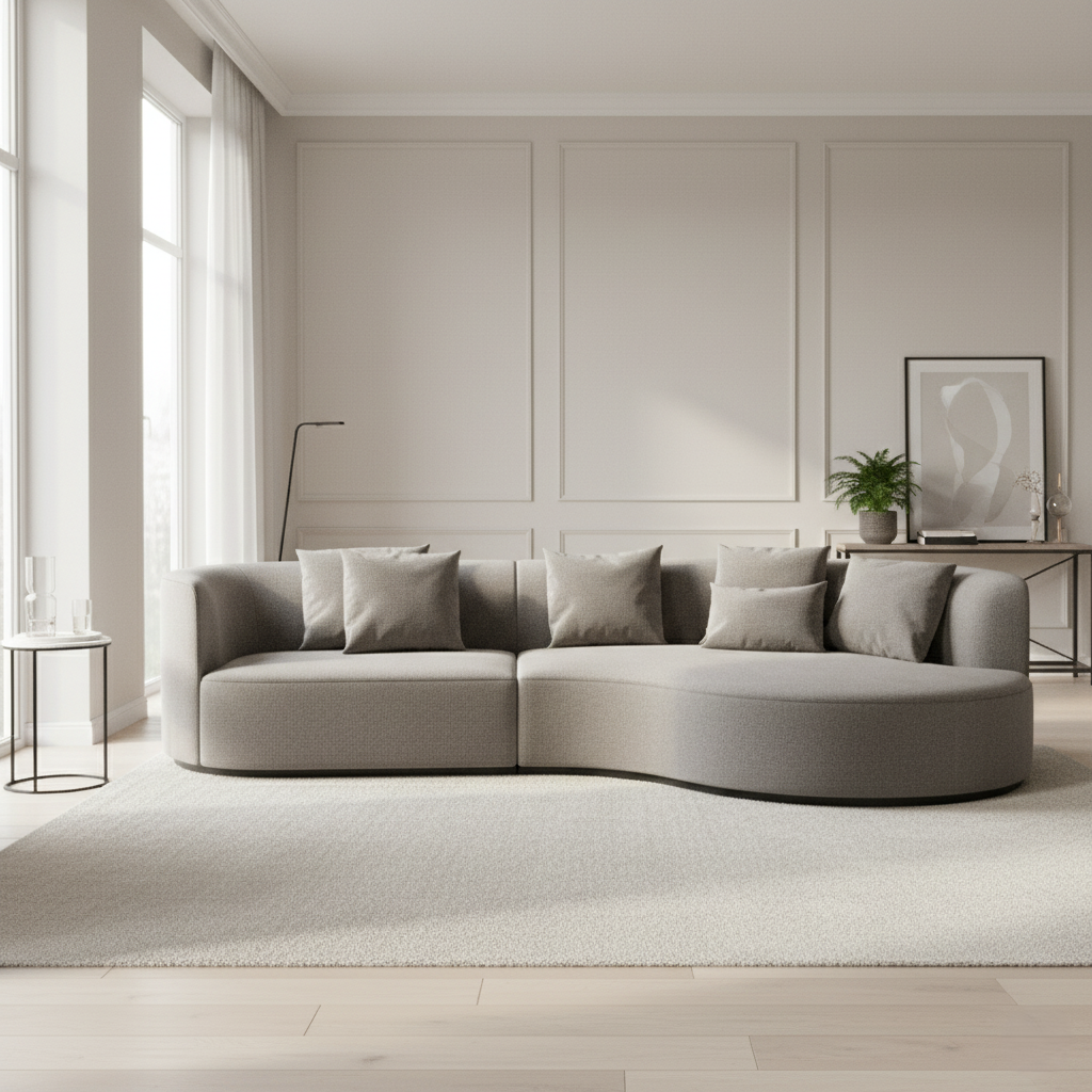 L Curved Shaped Sofa for Luxury Home Furniture Made of Marandi Wood Frame with Suede Fabric, and Wooden Legs