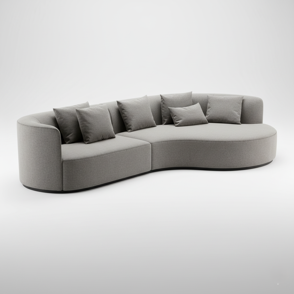 L Curved Shaped Sofa for Luxury Home Furniture Made of Marandi Wood Frame with Suede Fabric, and Wooden Legs
