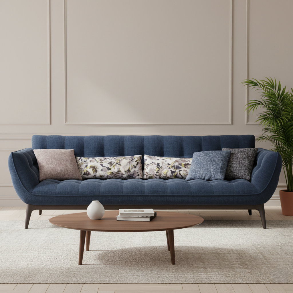 3 Seater Designer Sofa Fabric Upholstery with Tufted Design and High Density Foam & Teak wood Legs Base