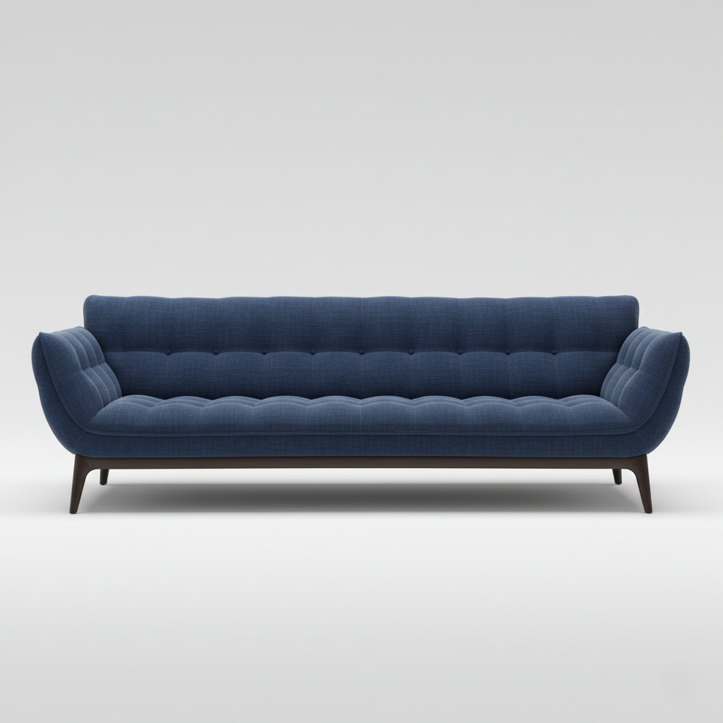 3 Seater Designer Sofa Fabric Upholstery with Tufted Design and High Density Foam & Teak wood Legs Base