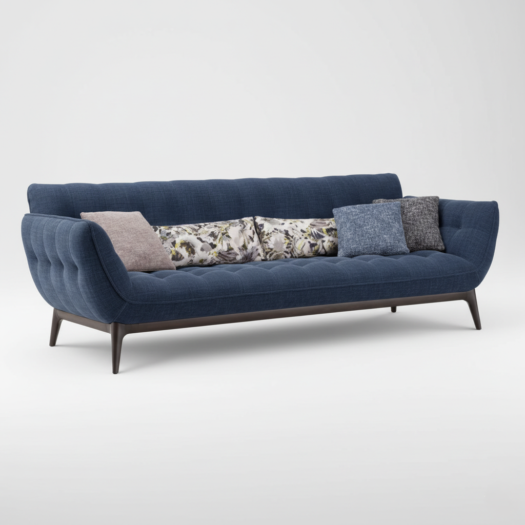 3 Seater Designer Sofa Fabric Upholstery with Tufted Design and High Density Foam & Teak wood Legs Base