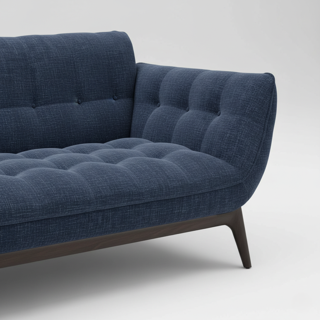 3 Seater Designer Sofa Fabric Upholstery with Tufted Design and High Density Foam & Teak wood Legs Base