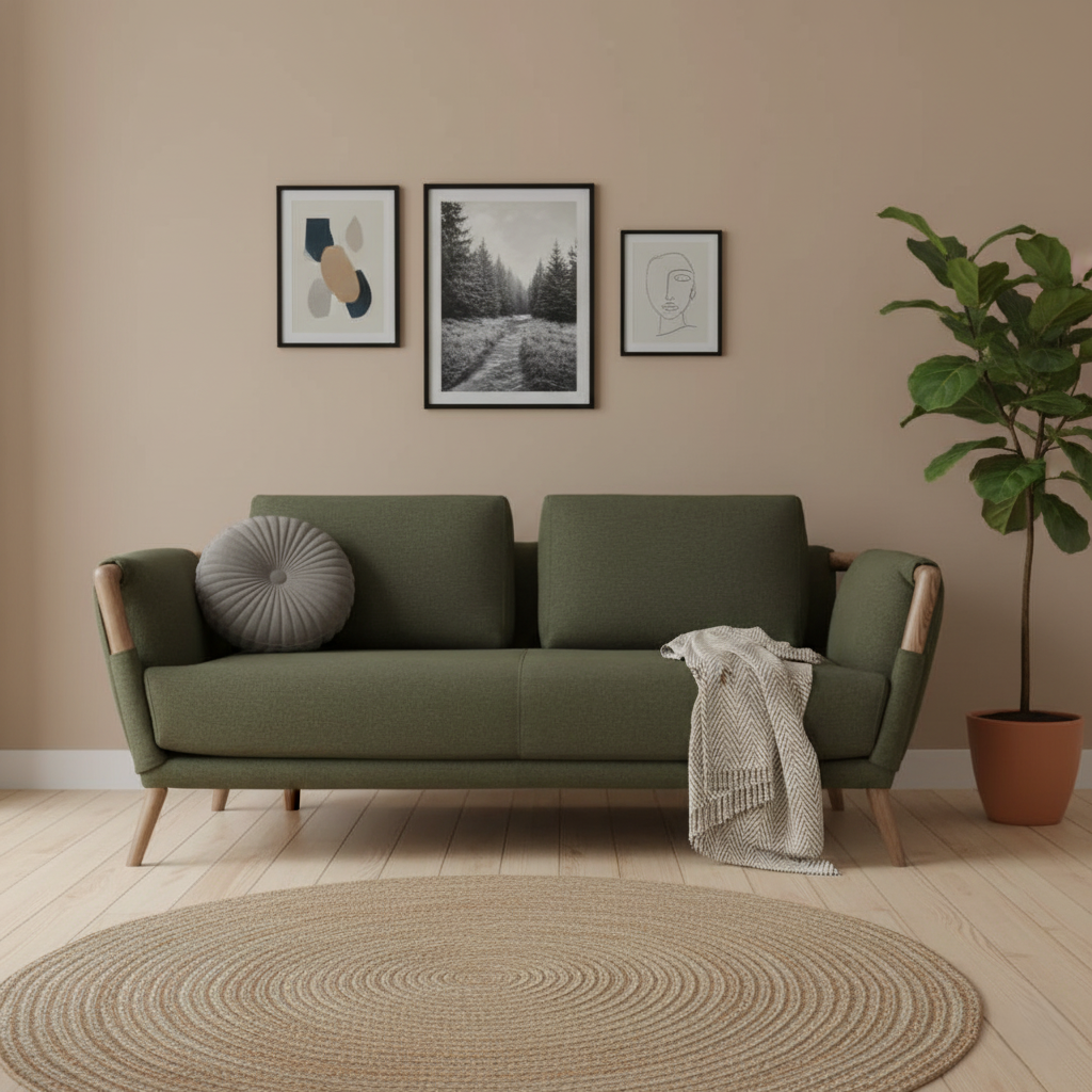 Green sofa in a living room with framed art and a plant.