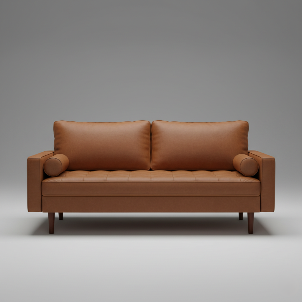 लेदरेट अपहोस्ट्री और मुलायम गद्देदार फोम के साथ मरांडी लकड़ी के फ्रेम में निर्मित सुरुचिपूर्ण 3-सीटर सोफा, घरेलू फर्नीचर के लिए उच्च गुणवत्ता