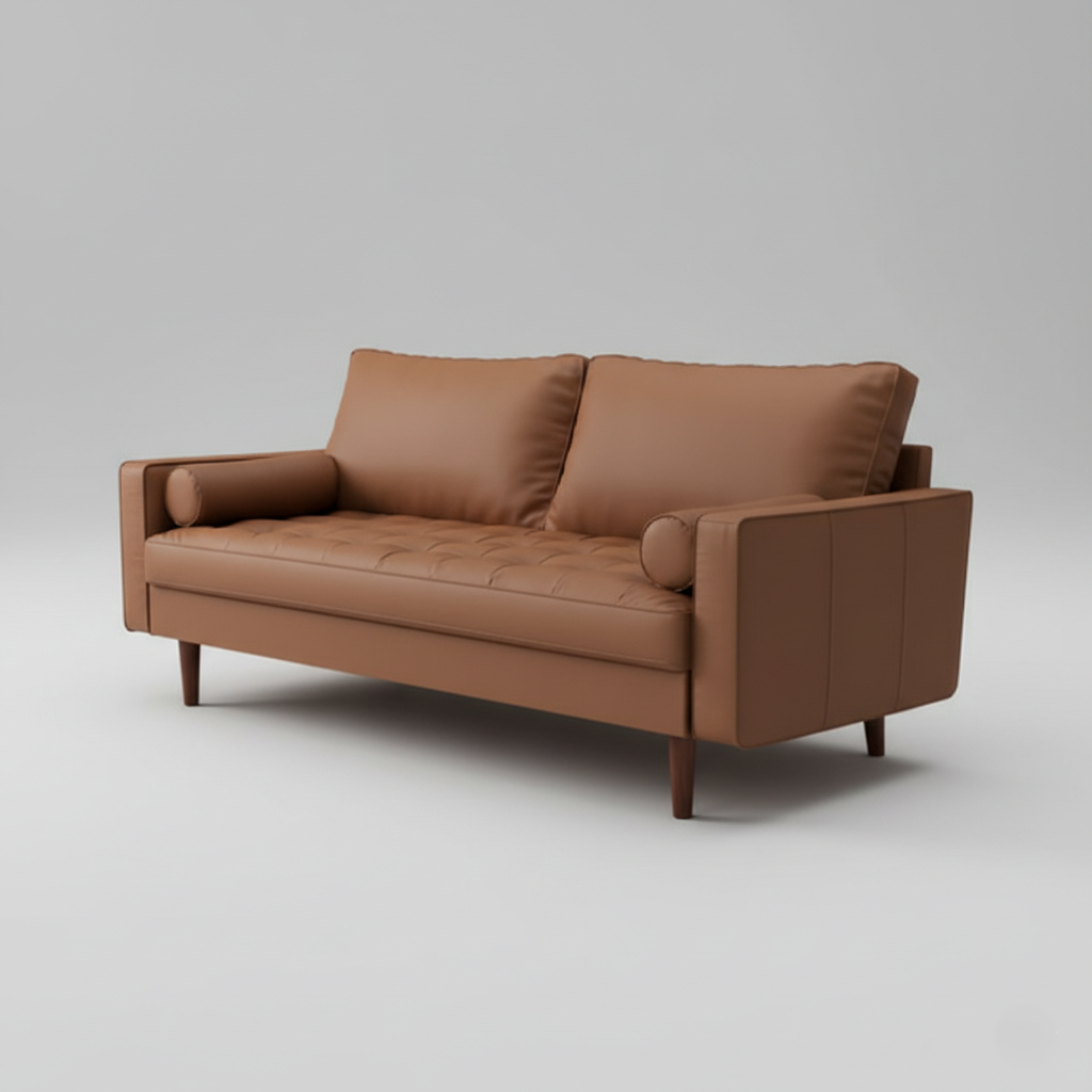 लेदरेट अपहोस्ट्री और मुलायम गद्देदार फोम के साथ मरांडी लकड़ी के फ्रेम में निर्मित सुरुचिपूर्ण 3-सीटर सोफा, घरेलू फर्नीचर के लिए उच्च गुणवत्ता