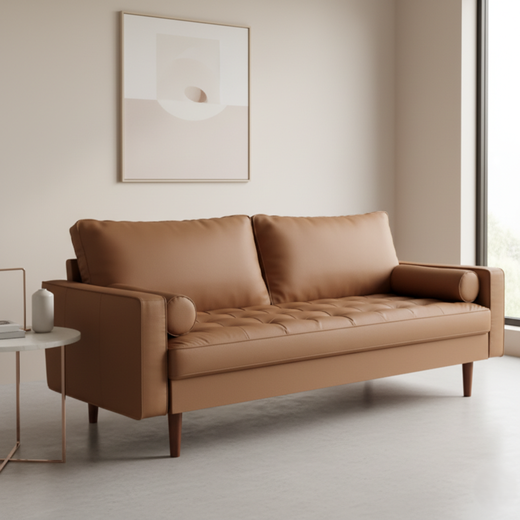 लेदरेट अपहोस्ट्री और मुलायम गद्देदार फोम के साथ मरांडी लकड़ी के फ्रेम में निर्मित सुरुचिपूर्ण 3-सीटर सोफा, घरेलू फर्नीचर के लिए उच्च गुणवत्ता