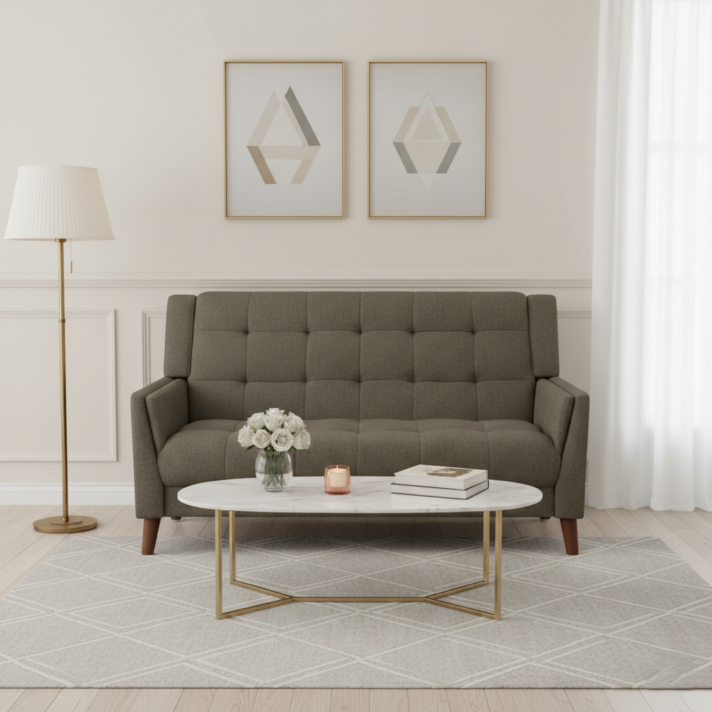 2 Seater Sofa for Home Furniture Made in Wooden Frame with Fabric and Teak wood Legs with Polish