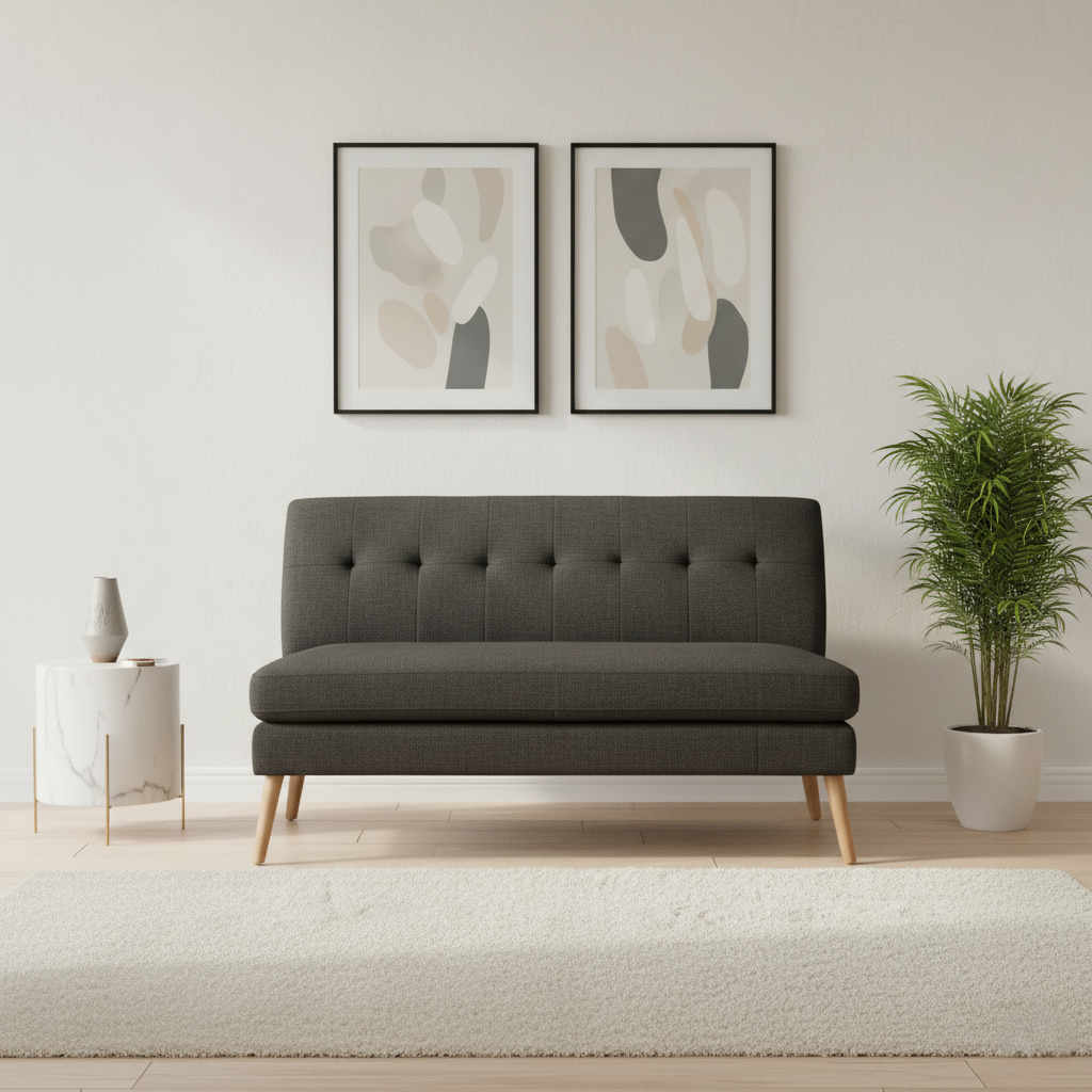 2-Seater Armless Sofa, Elegant Tufted Fabric Upholstery and Natural Wood Legs and Perfect for Entryways