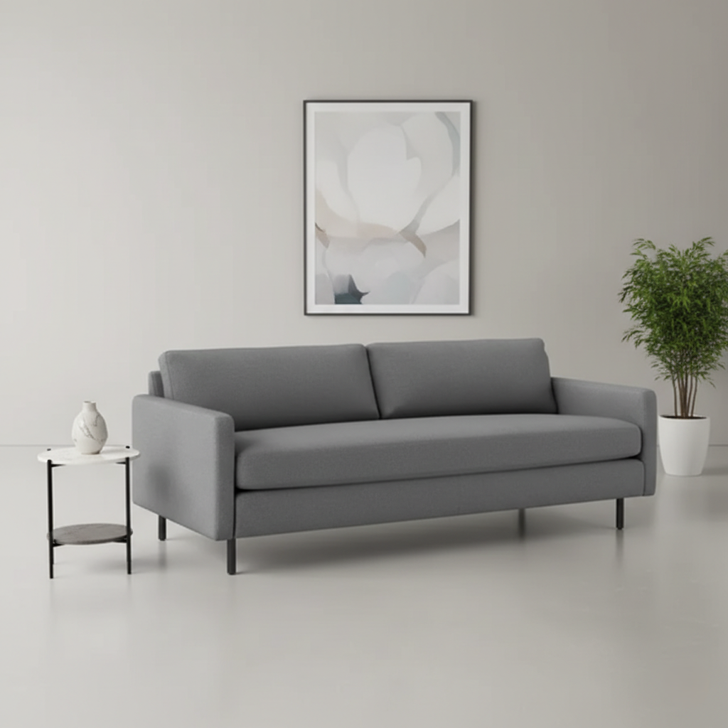 ঘরের আসবাবপত্রের জন্য ৩ সিটার সোফা এবং সোয়েড আপহোলস্ট্রী উচ্চ ঘনত্বের ফোম ধাতব পায়ের বেস সহ এবং বসার ঘরের জন্য উচ্চ মানের সোফা