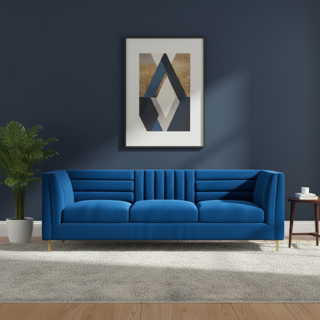 घर के फर्नीचर के लिए लक्जरी 3 सीटर सोफा, प्रीमियम मखमली असबाब, उच्च घनत्व फोम, धातु के पैरों के आधार के साथ, लिविंग रूम के लिए टिकाऊ और आरामदायक