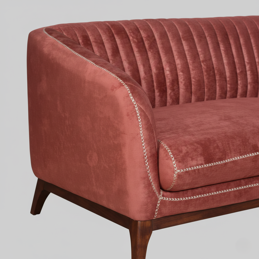 घर के फर्नीचर के लिए आधुनिक डिज़ाइन का 3 सीटर सोफा, लाल रंग में मखमली असबाब और सागौन की लकड़ी के पैरों के साथ