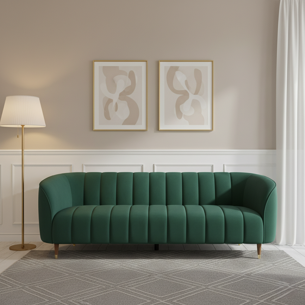 घरेलू फर्नीचर के लिए आधुनिक 3 सीटर सोफा, मखमली असबाब और सागौन की लकड़ी के पैरों के साथ मरांडी लकड़ी से बना है