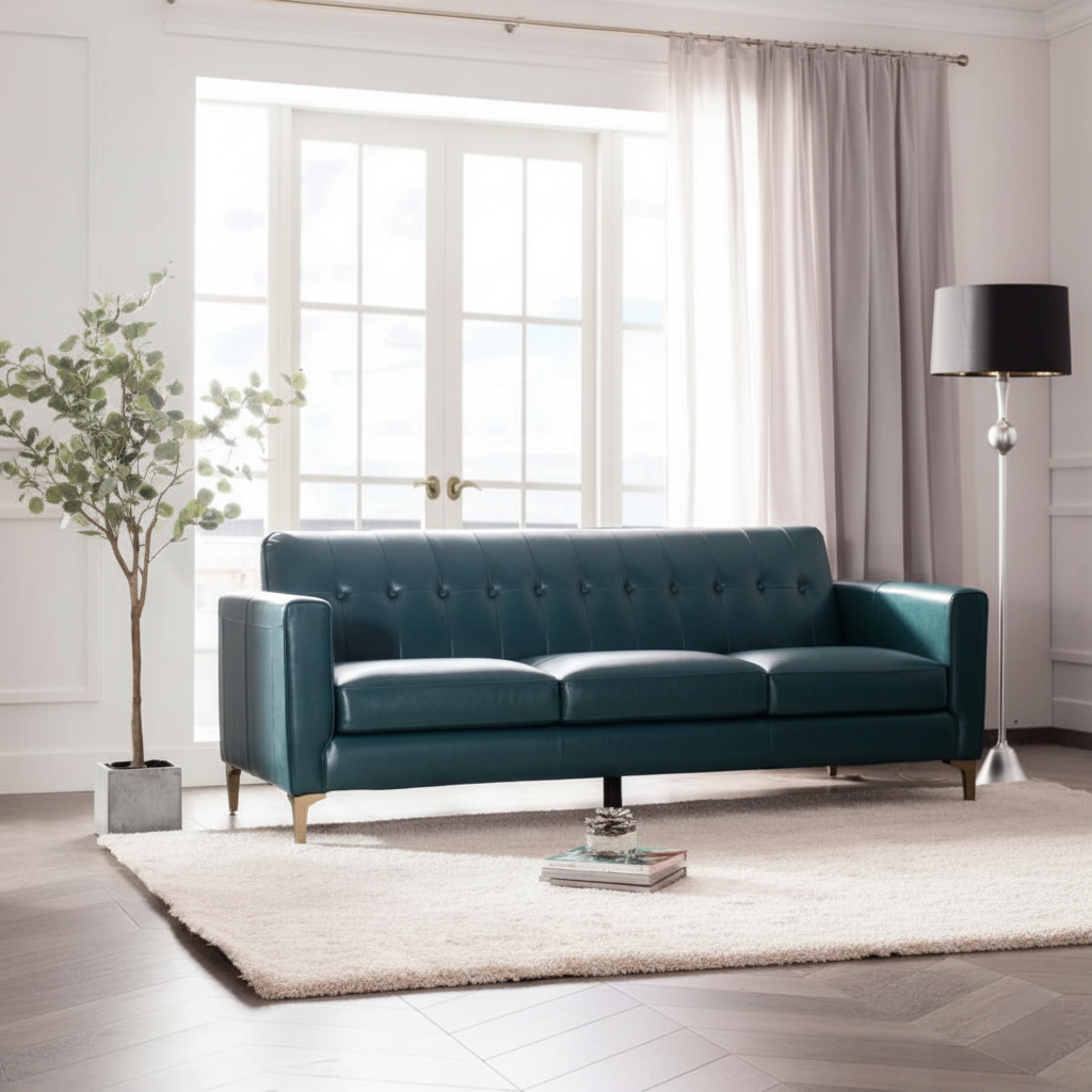 घरेलू फर्नीचर और टफ्टेड डिज़ाइन के लिए 3 सीटर सोफा, धातु के पैरों के साथ प्रीमियम लेदरेट आधुनिक सोफा