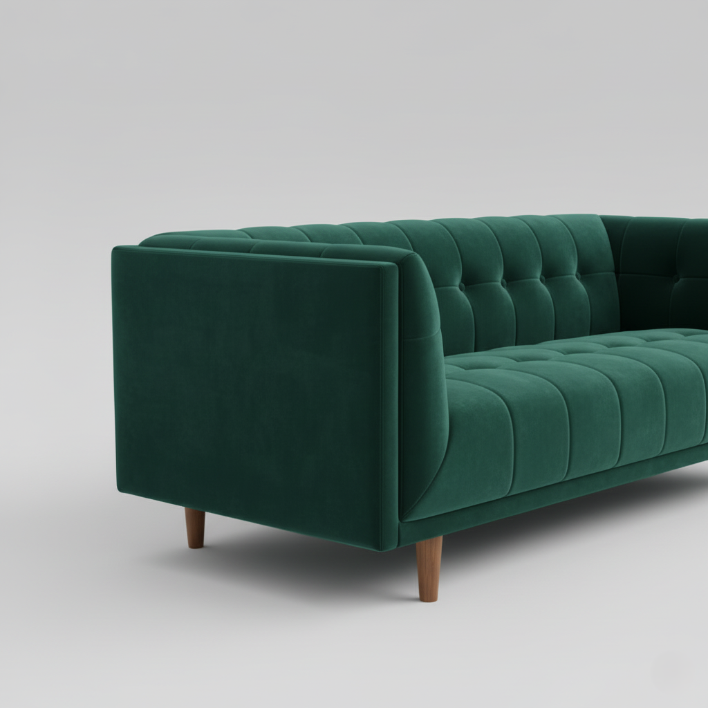 ঘরের আসবাবপত্রের জন্য আধুনিক সোফা প্লাইউড এবং ভেলভেট ফ্যাব্রিক দিয়ে তৈরি টাফ্টেড ডিজাইন এবং বসার ঘরের জন্য আর্ম রেস্ট এবং আরামদায়ক সোফা