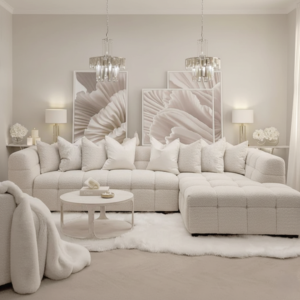 L-Shaped Corner Sofa Luxury Design Made in Marandi with Boucle fabric Soft Seating 32 Density foam High Quality Sofa for Living Room