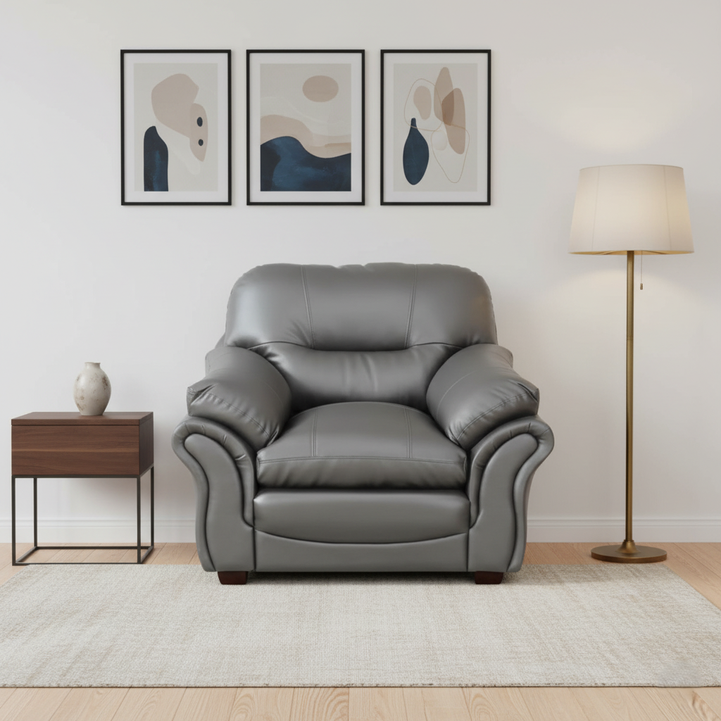 घर के फर्नीचर के लिए सिंगल सीटर सोफा, ठोस लकड़ी के फ्रेम, आर्मचेयर और लकड़ी के पैरों के साथ प्रीमियम लेदरेट