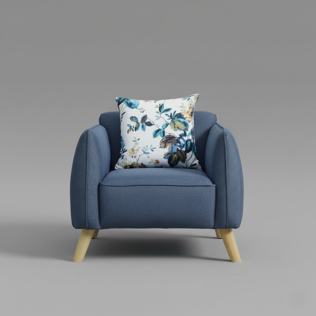 घर के फर्नीचर के लिए एक सीटर सोफा, प्रीमियम कॉटन फ़ैब्रिक, मुलायम गद्देदार और सागौन की लकड़ी के लेग बेस के साथ