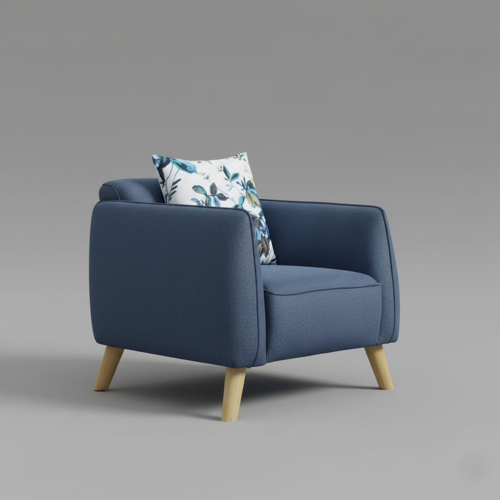 घर के फर्नीचर के लिए एक सीटर सोफा, प्रीमियम कॉटन फ़ैब्रिक, मुलायम गद्देदार और सागौन की लकड़ी के लेग बेस के साथ