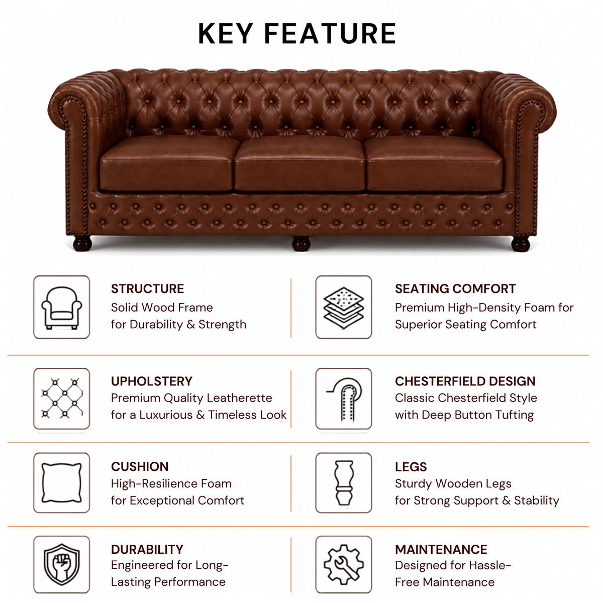 2 Seater Chesterfield & Sofa Leatherette Upholstery With Solid Wood Frame and Wooden Legs Base Caramel Brown Color
