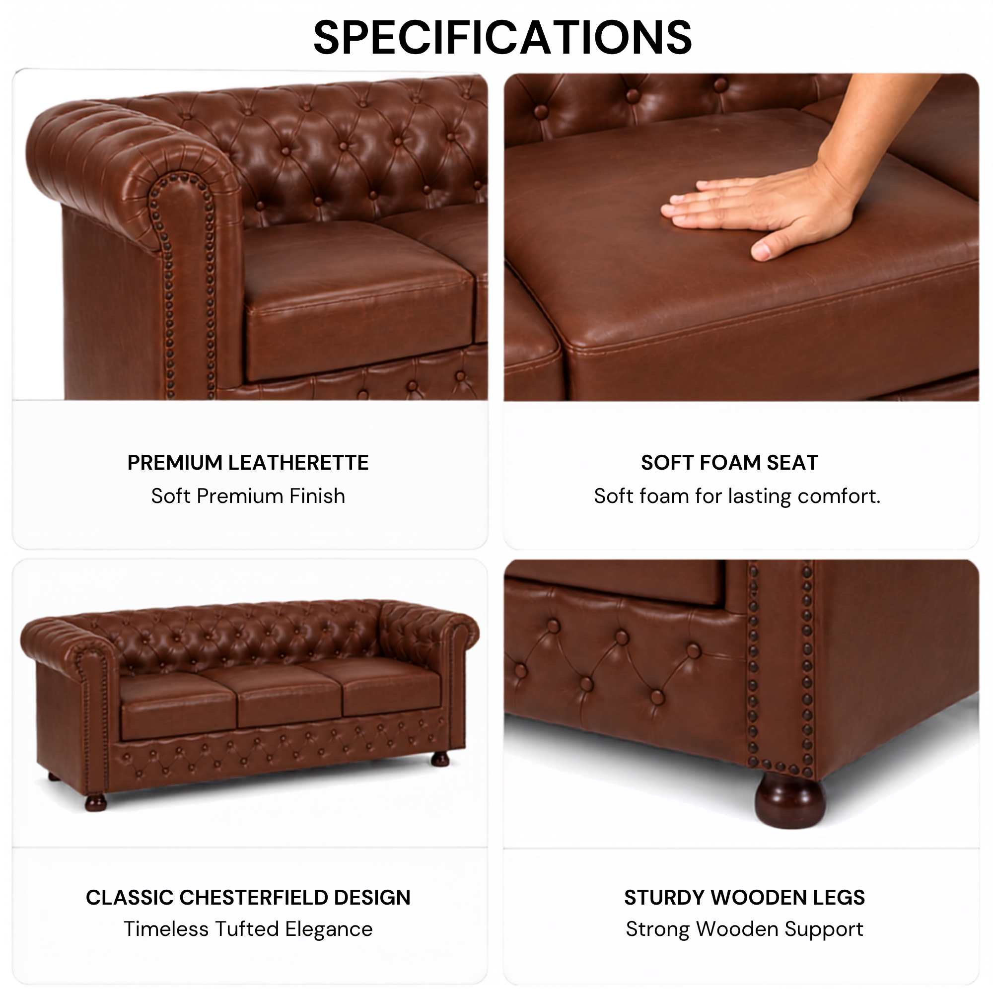2 Seater Chesterfield & Sofa Leatherette Upholstery With Solid Wood Frame and Wooden Legs Base Caramel Brown Color