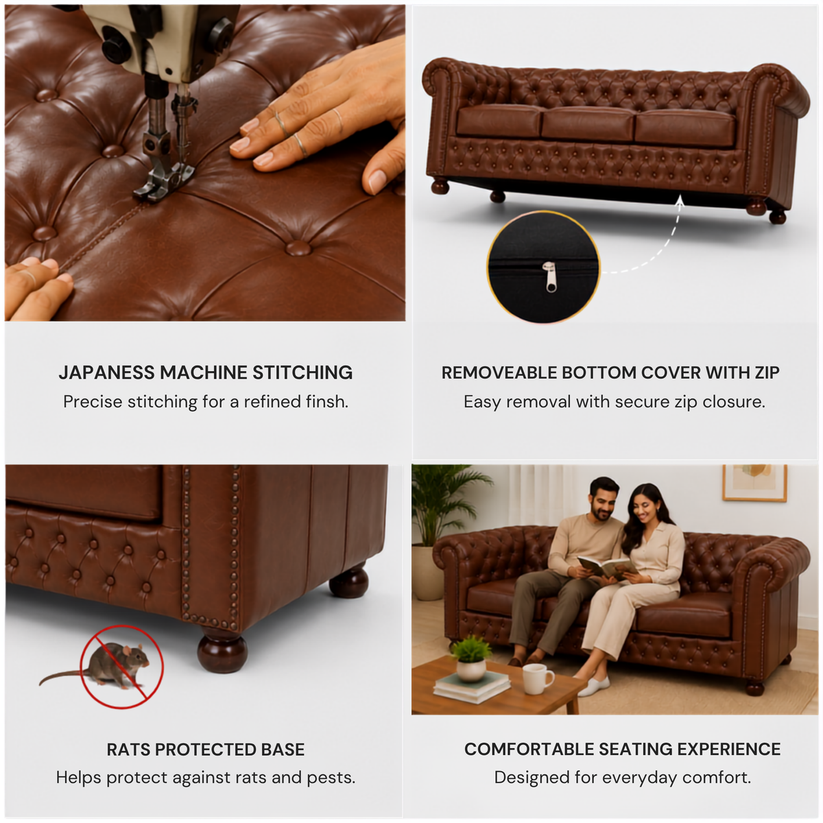 2 Seater Chesterfield & Sofa Leatherette Upholstery With Solid Wood Frame and Wooden Legs Base Caramel Brown Color