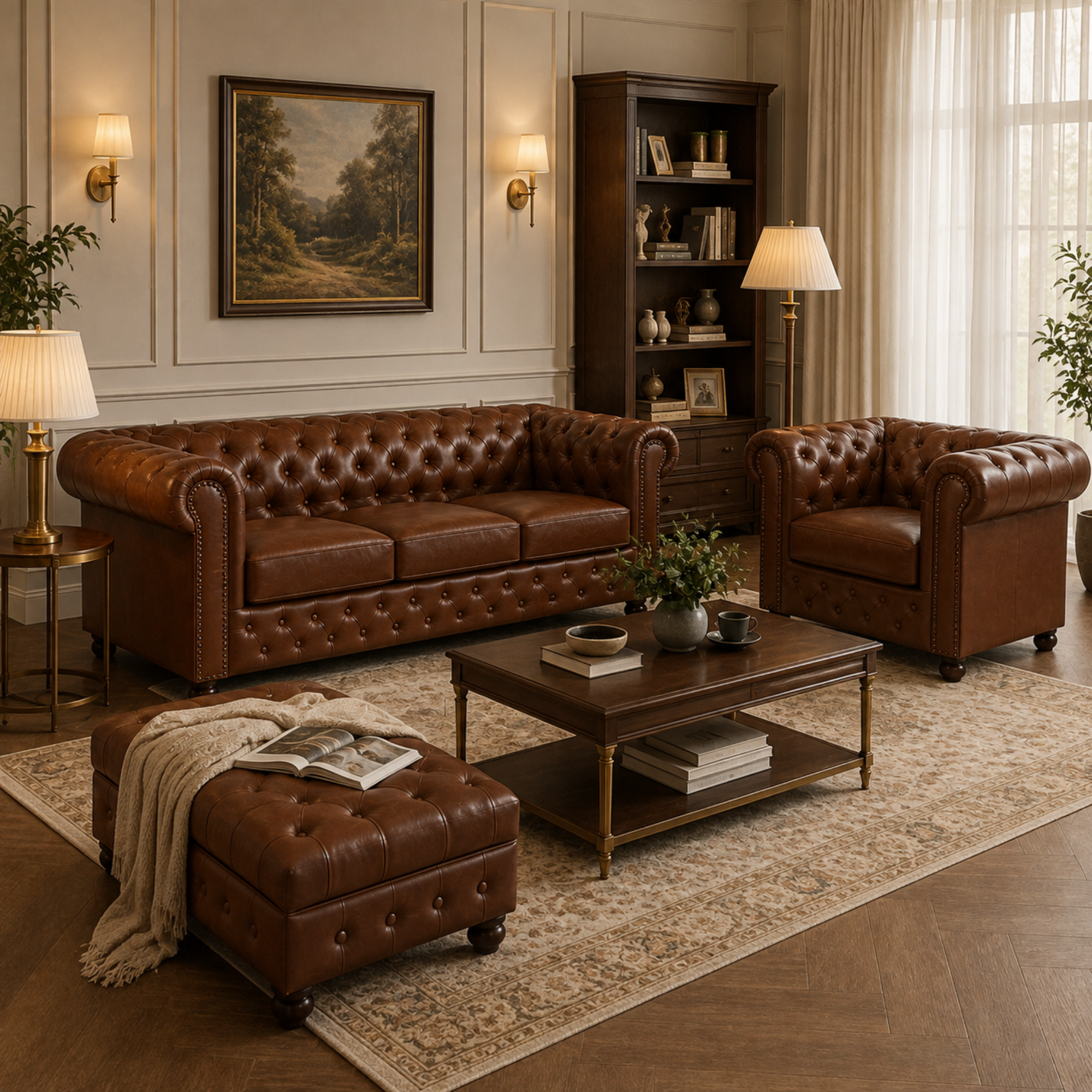 2 Seater Chesterfield & Sofa Leatherette Upholstery With Solid Wood Frame and Wooden Legs Base Caramel Brown Color