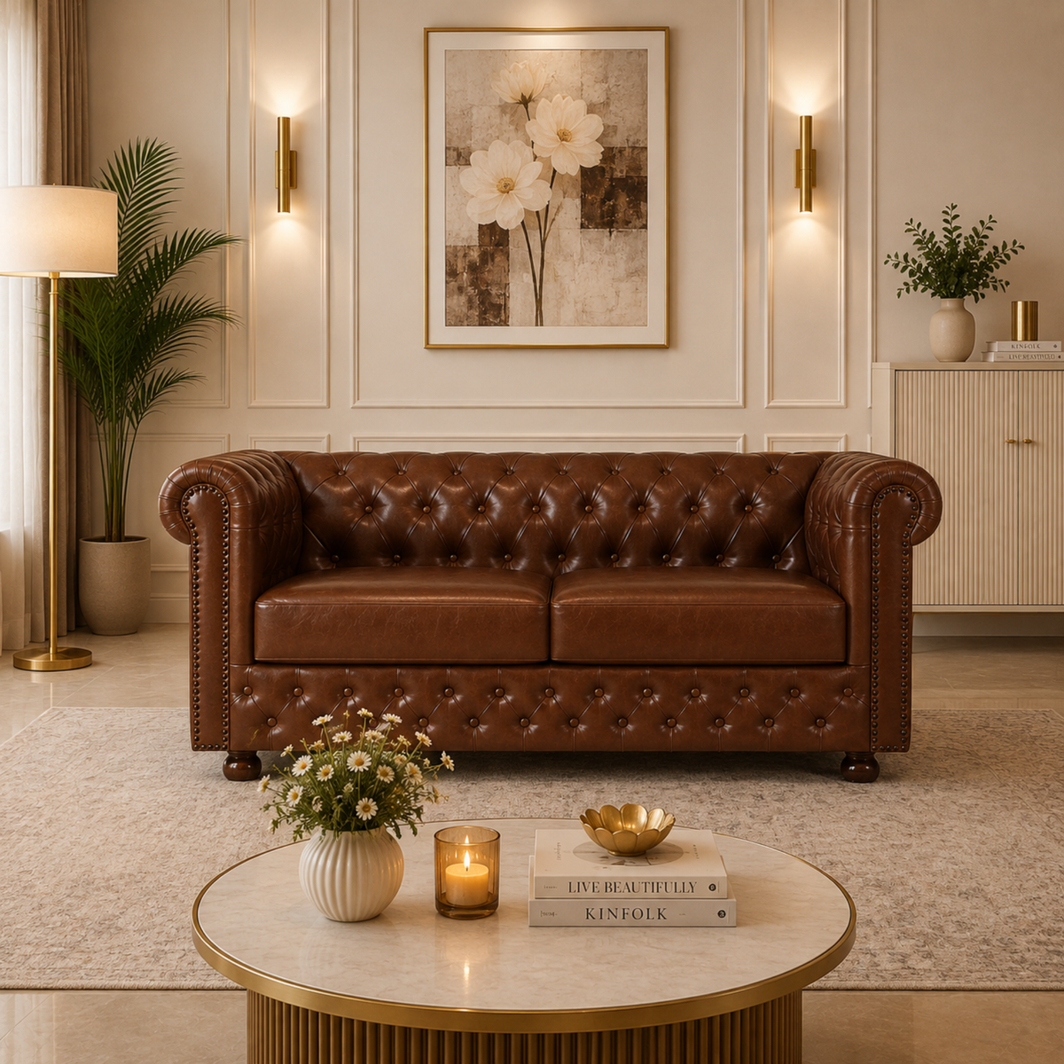 2 Seater Chesterfield & Sofa Leatherette Upholstery With Solid Wood Frame and Wooden Legs Base Caramel Brown Color