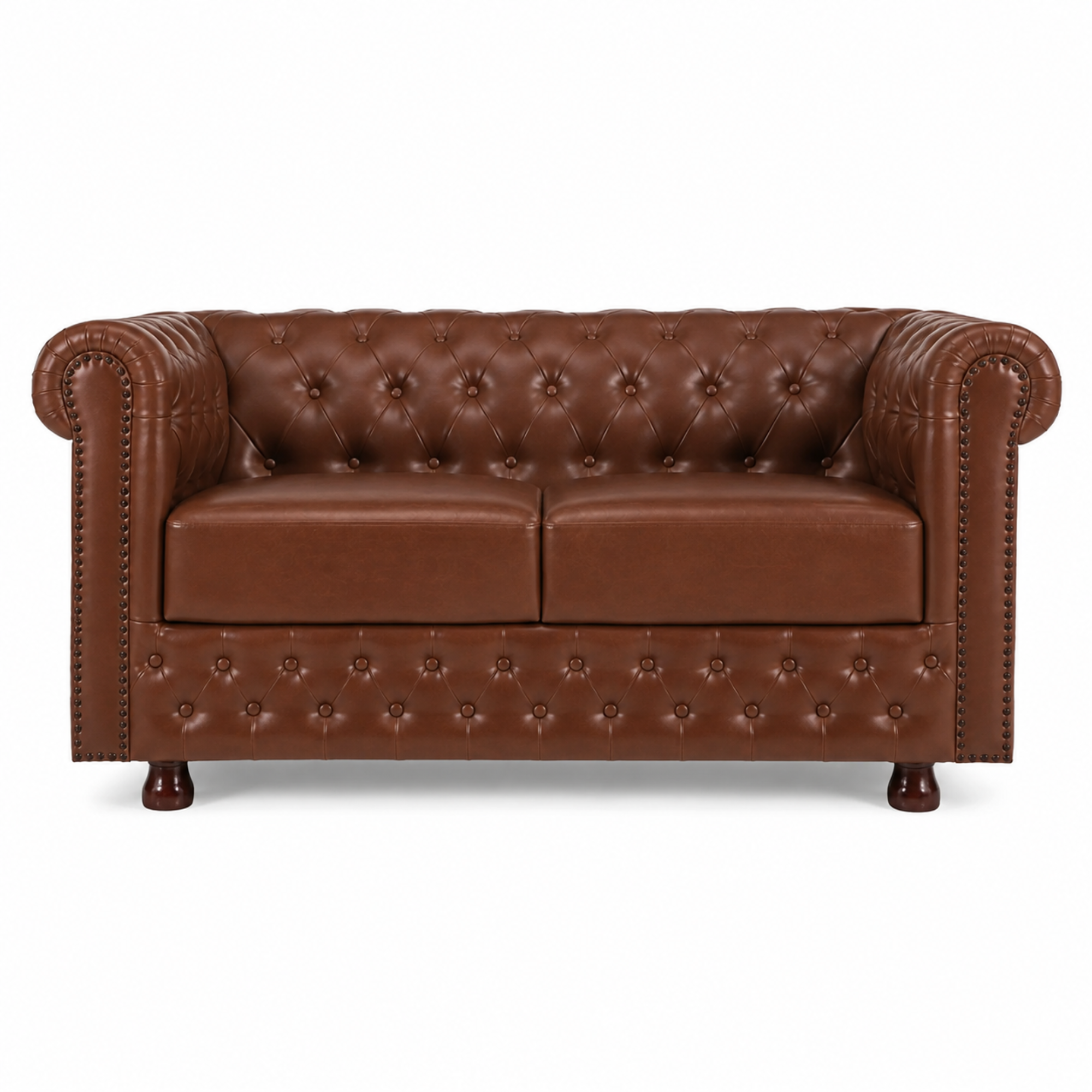 2 Seater Chesterfield & Sofa Leatherette Upholstery With Solid Wood Frame and Wooden Legs Base Caramel Brown Color