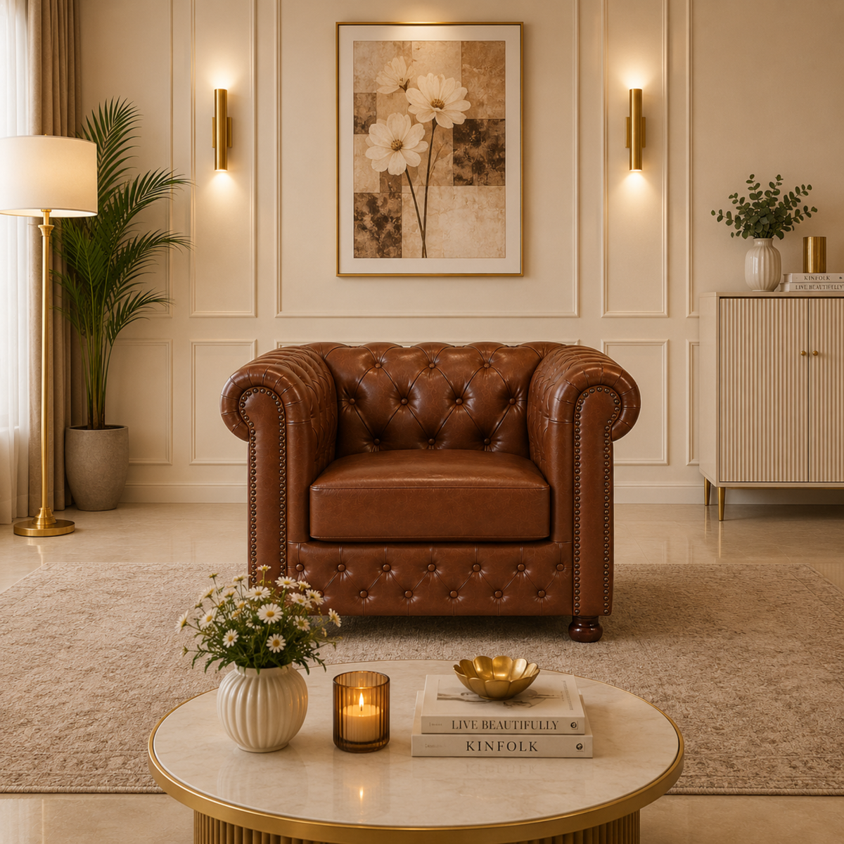 2 Seater Chesterfield & Sofa Leatherette Upholstery With Solid Wood Frame and Wooden Legs Base Caramel Brown Color
