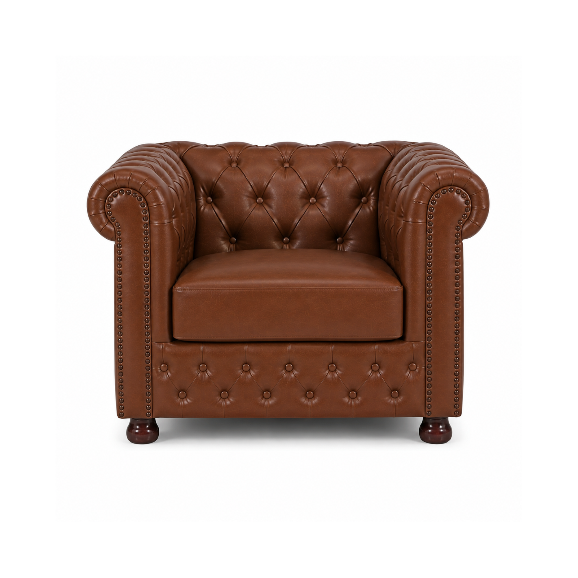 2 Seater Chesterfield & Sofa Leatherette Upholstery With Solid Wood Frame and Wooden Legs Base Caramel Brown Color