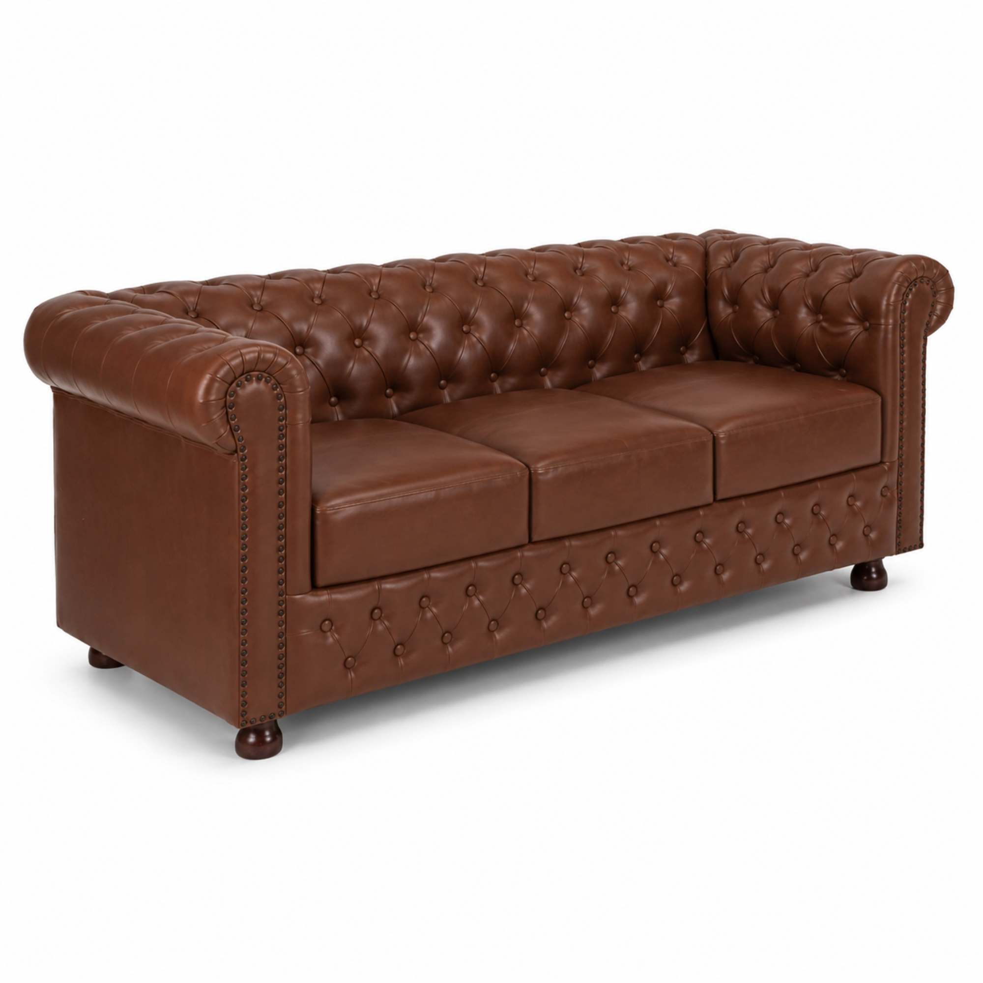 2 Seater Chesterfield & Sofa Leatherette Upholstery With Solid Wood Frame and Wooden Legs Base Caramel Brown Color