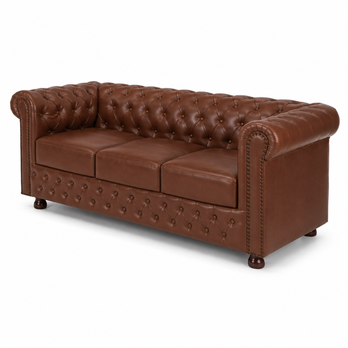 2 Seater Chesterfield & Sofa Leatherette Upholstery With Solid Wood Frame and Wooden Legs Base Caramel Brown Color