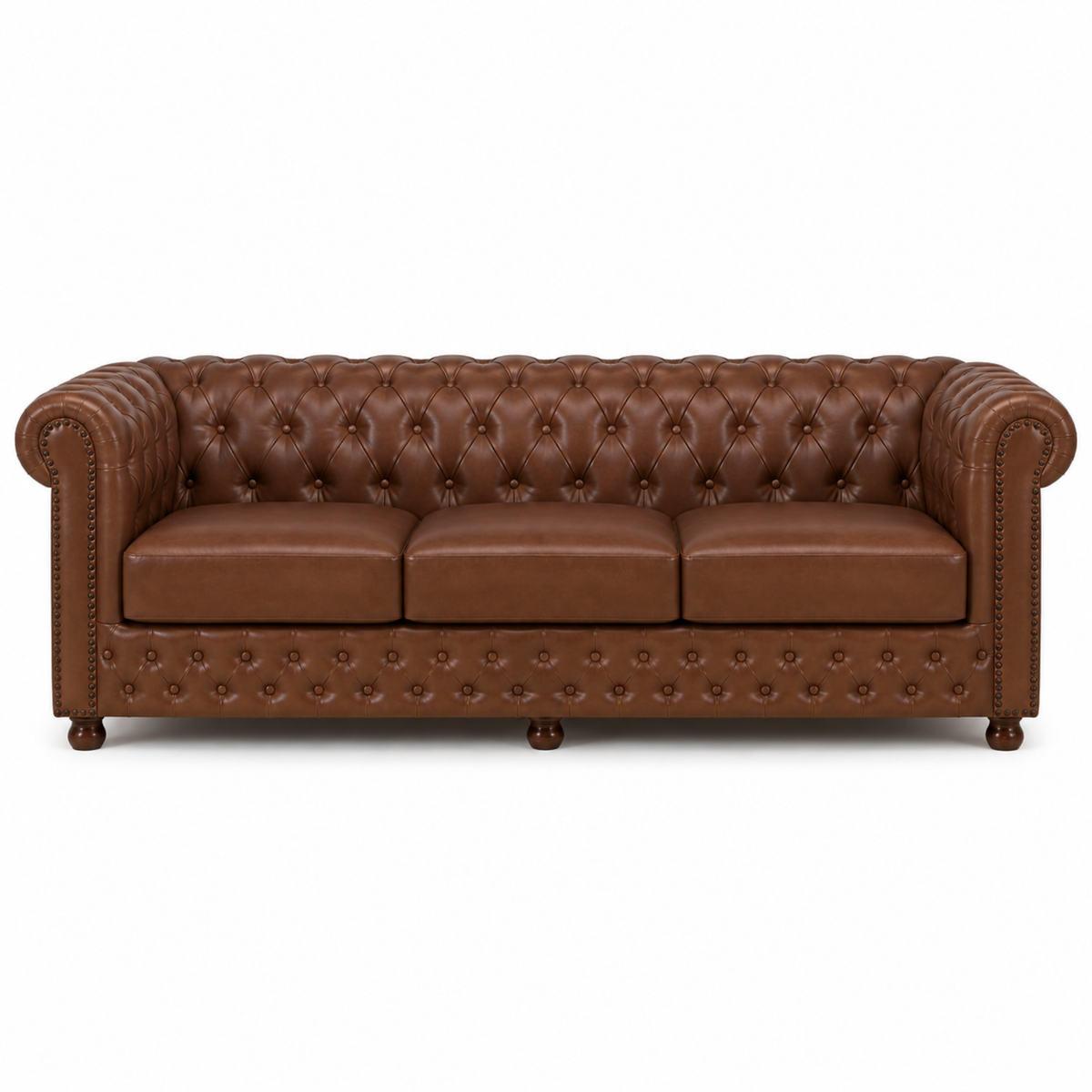 2 Seater Chesterfield & Sofa Leatherette Upholstery With Solid Wood Frame and Wooden Legs Base Caramel Brown Color
