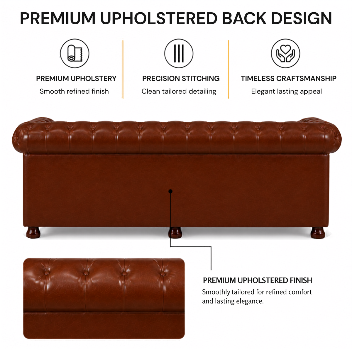 2 Seater Chesterfield & Sofa Leatherette Upholstery With Solid Wood Frame and Wooden Legs Base Caramel Brown Color