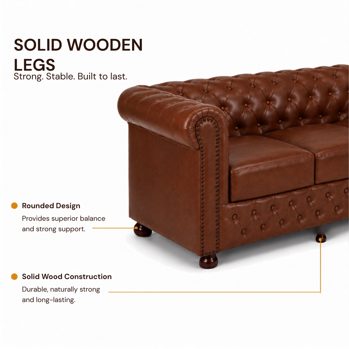2 Seater Chesterfield & Sofa Leatherette Upholstery With Solid Wood Frame and Wooden Legs Base Caramel Brown Color