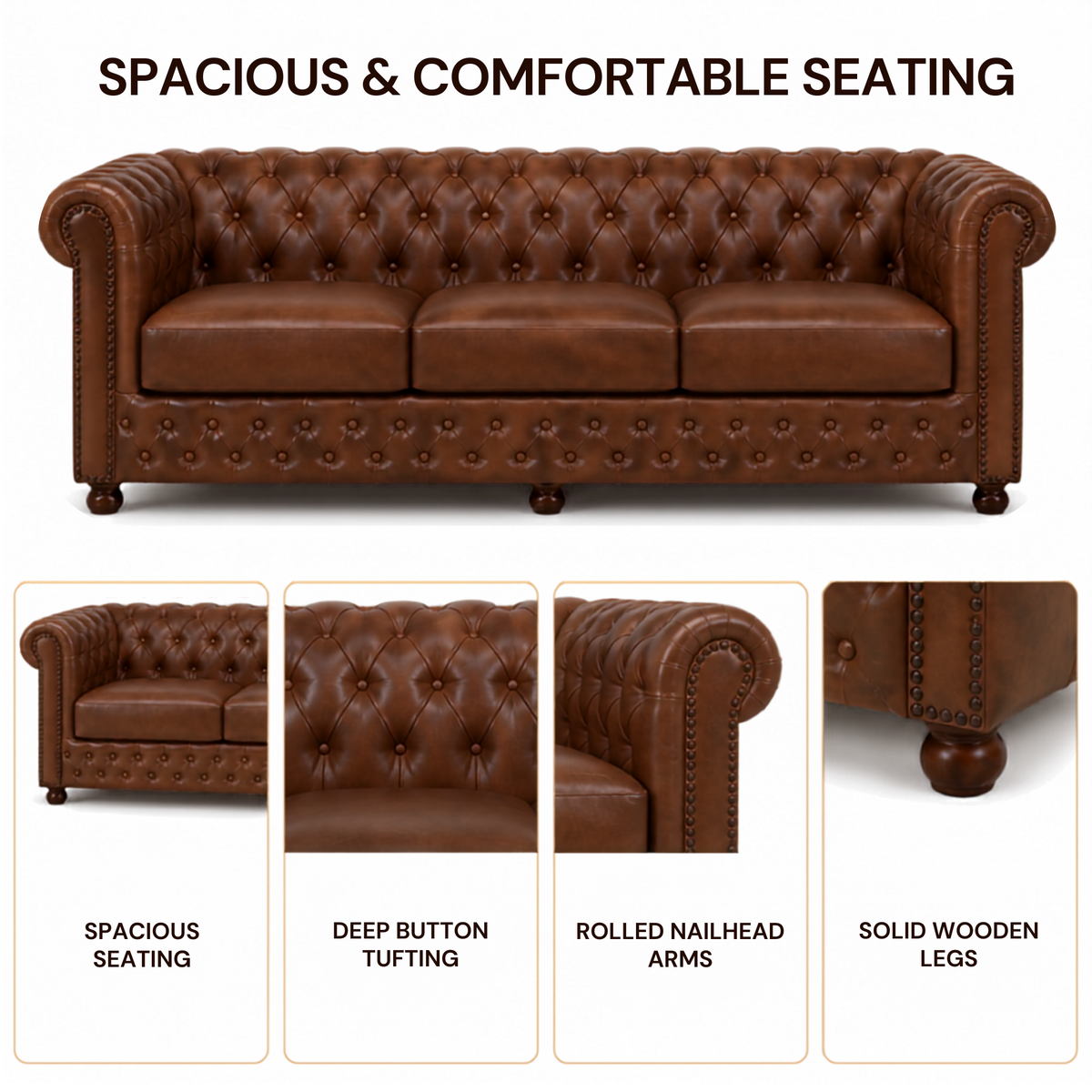 2 Seater Chesterfield & Sofa Leatherette Upholstery With Solid Wood Frame and Wooden Legs Base Caramel Brown Color