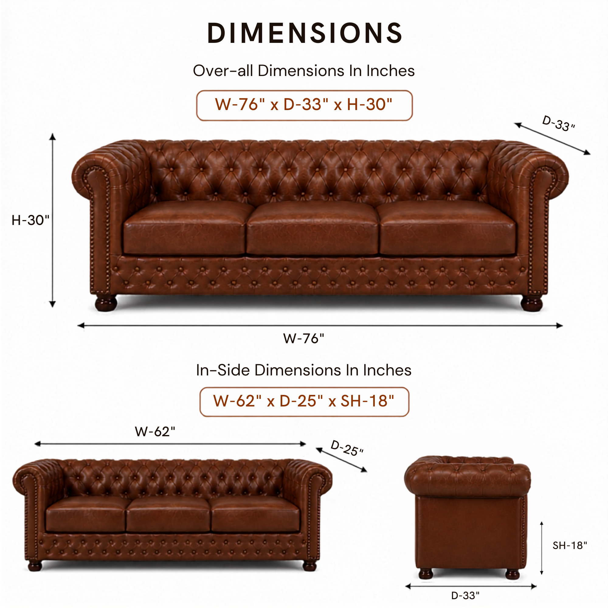 2 Seater Chesterfield & Sofa Leatherette Upholstery With Solid Wood Frame and Wooden Legs Base Caramel Brown Color