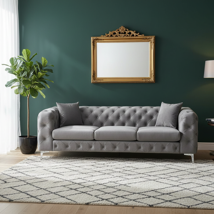 Gray sofa in a living room with a green wall, mirror, and lamp.