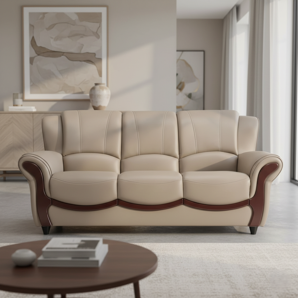 घर के फर्नीचर के लिए 3-सीटर सोफा, लेदरेट अपहोल्स्ट्री में, ठोस लकड़ी के फ्रेम और पीवीसी पैरों के साथ