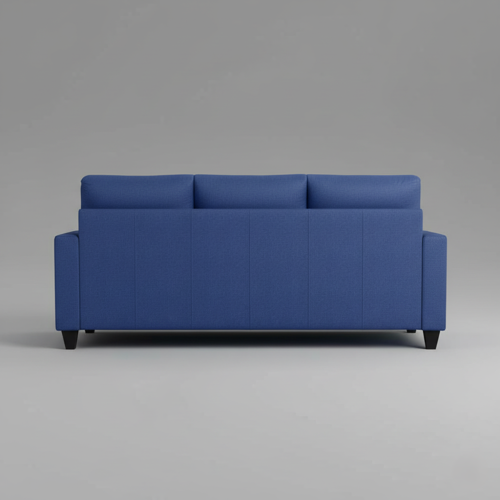 ठोस लकड़ी के फ्रेम और सीट कुशन में बहु-घनत्व फोम के साथ तीन सीटों वाला फैब्रिक सोफा