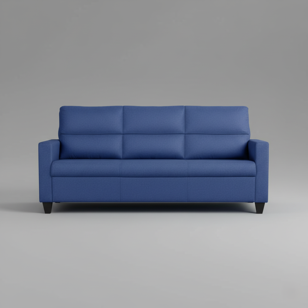 ठोस लकड़ी के फ्रेम और सीट कुशन में बहु-घनत्व फोम के साथ तीन सीटों वाला फैब्रिक सोफा