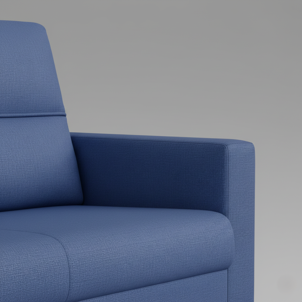 ठोस लकड़ी के फ्रेम और सीट कुशन में बहु-घनत्व फोम के साथ तीन सीटों वाला फैब्रिक सोफा