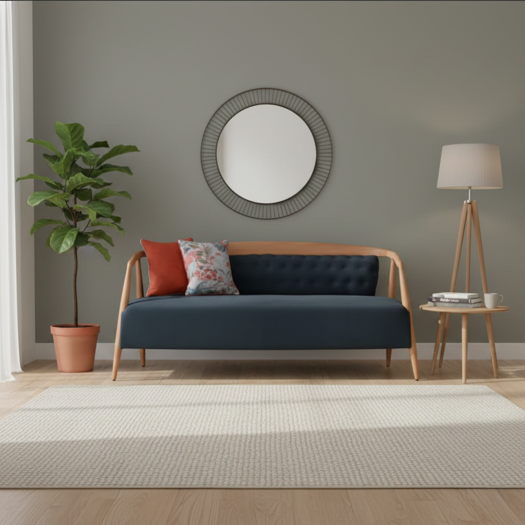 Modern living room with a blue sofa, wooden side table, and decorative mirror.