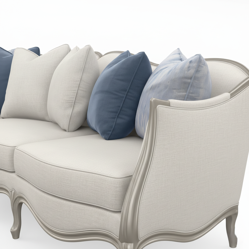 3 सीटर सोफा, लग्जरी रॉयल आधुनिक डिज़ाइन, हस्तनिर्मित और मुलायम गद्देदार फोम और कैब्रिओल पैरों के साथ, मेटैलिक फिनिश के साथ