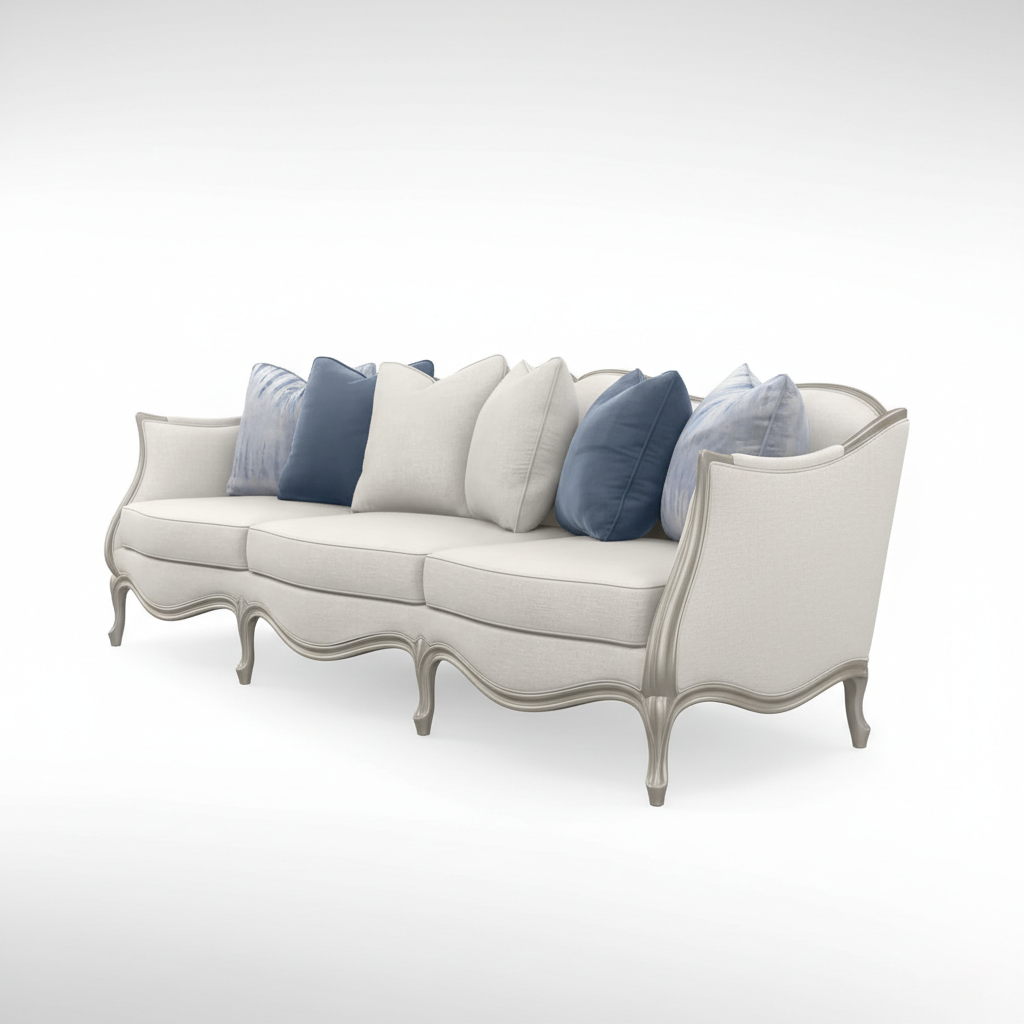 3 सीटर सोफा, लग्जरी रॉयल आधुनिक डिज़ाइन, हस्तनिर्मित और मुलायम गद्देदार फोम और कैब्रिओल पैरों के साथ, मेटैलिक फिनिश के साथ