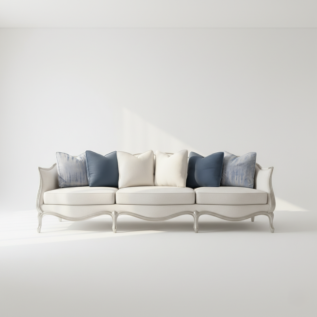 3 सीटर सोफा, लग्जरी रॉयल आधुनिक डिज़ाइन, हस्तनिर्मित और मुलायम गद्देदार फोम और कैब्रिओल पैरों के साथ, मेटैलिक फिनिश के साथ