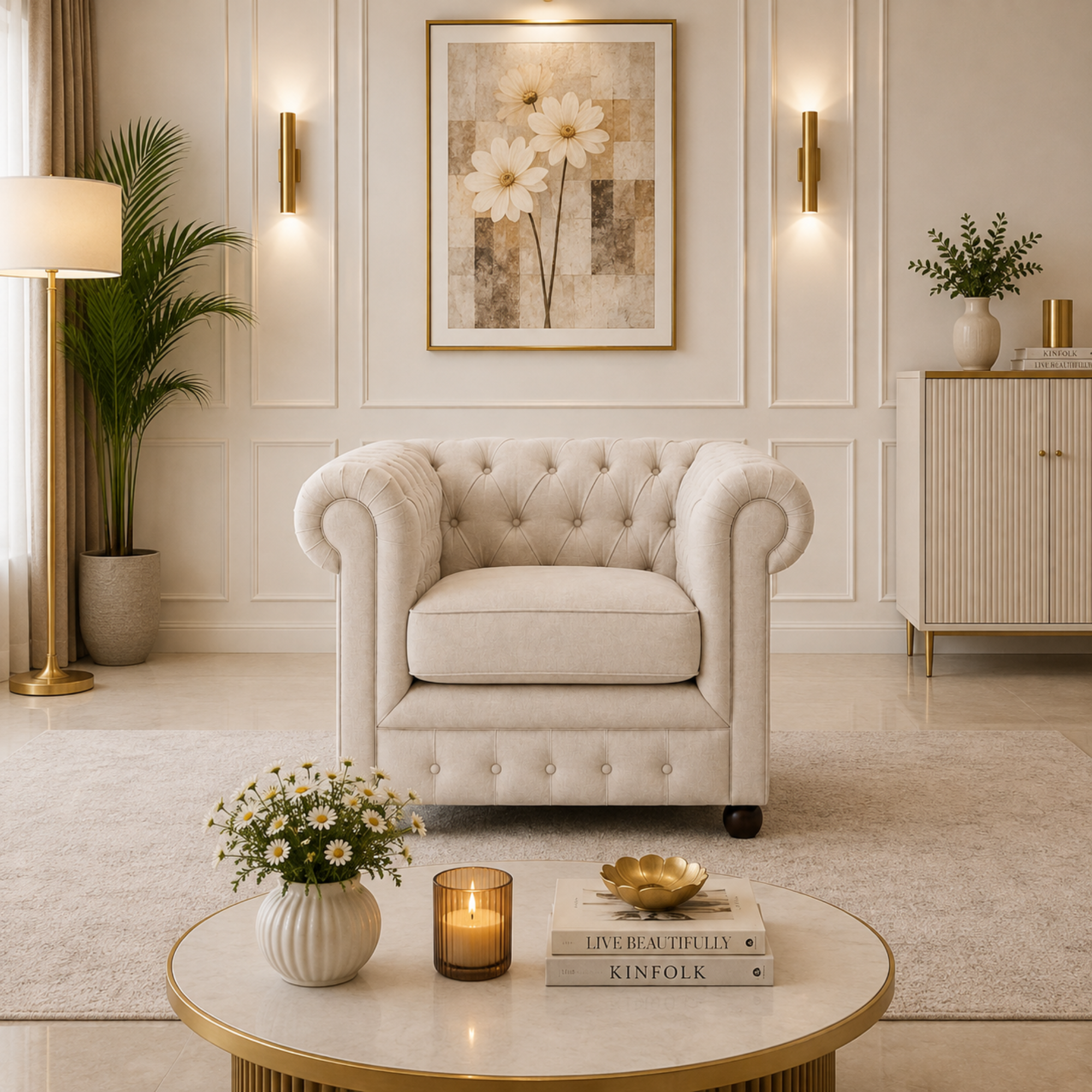 Best 3 Seater Chesterfield Sofa Fabric Cotton Line Blend Sofa with Frame Marandi wood & Soft Padded High Quality